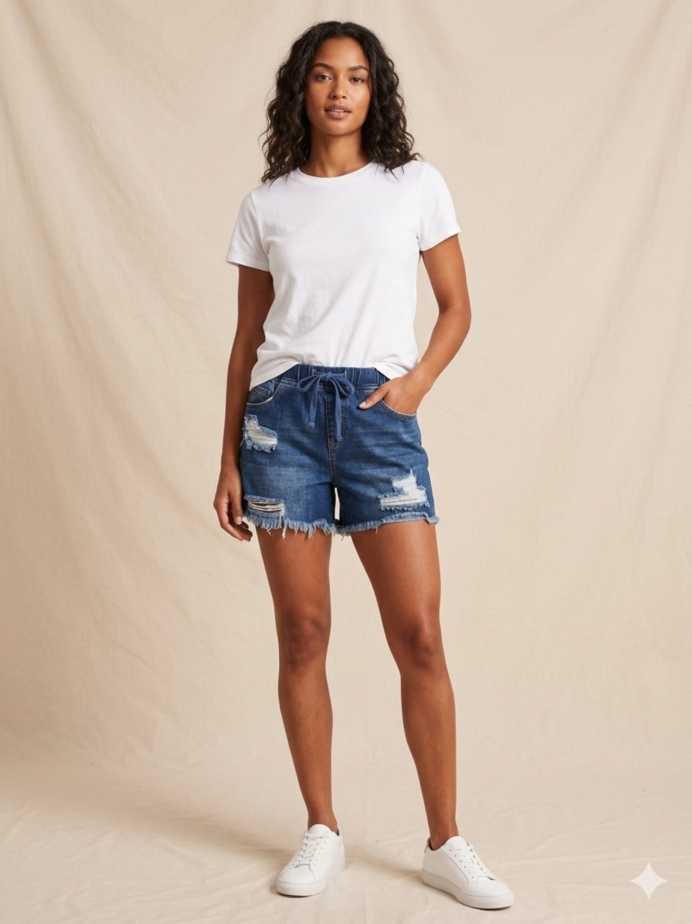 YMI Dream Authentic Denim Distressed Drawstring Shorts dark blue